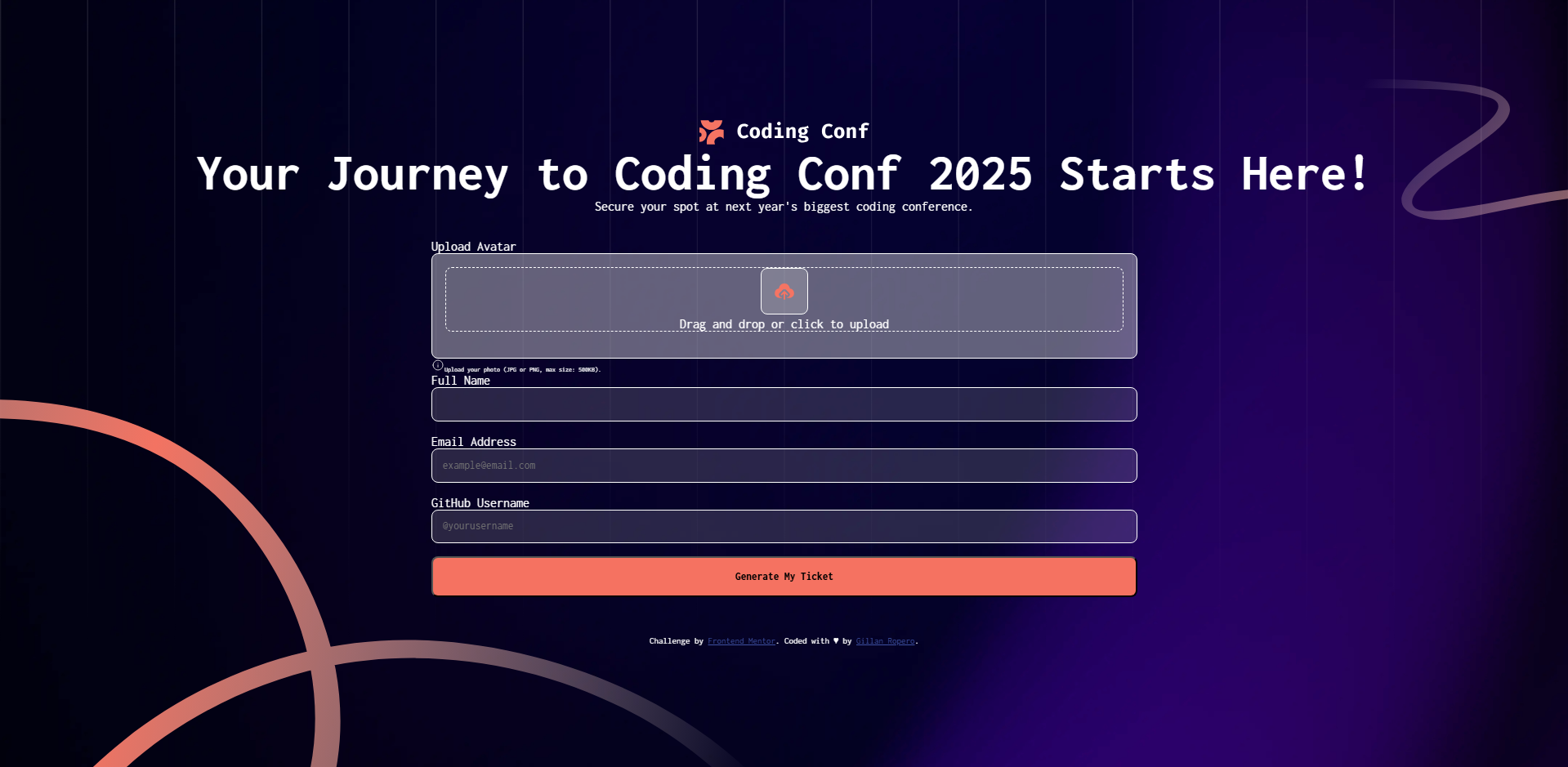 Screenshot of the Conference Ticket solution by Gillan Ropero for Frontend Mentor's challenge