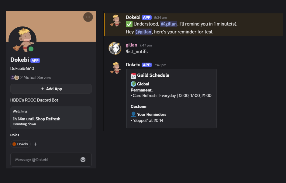 Screenshot of the Dokebi Discord Bot by Gillan Ropero
